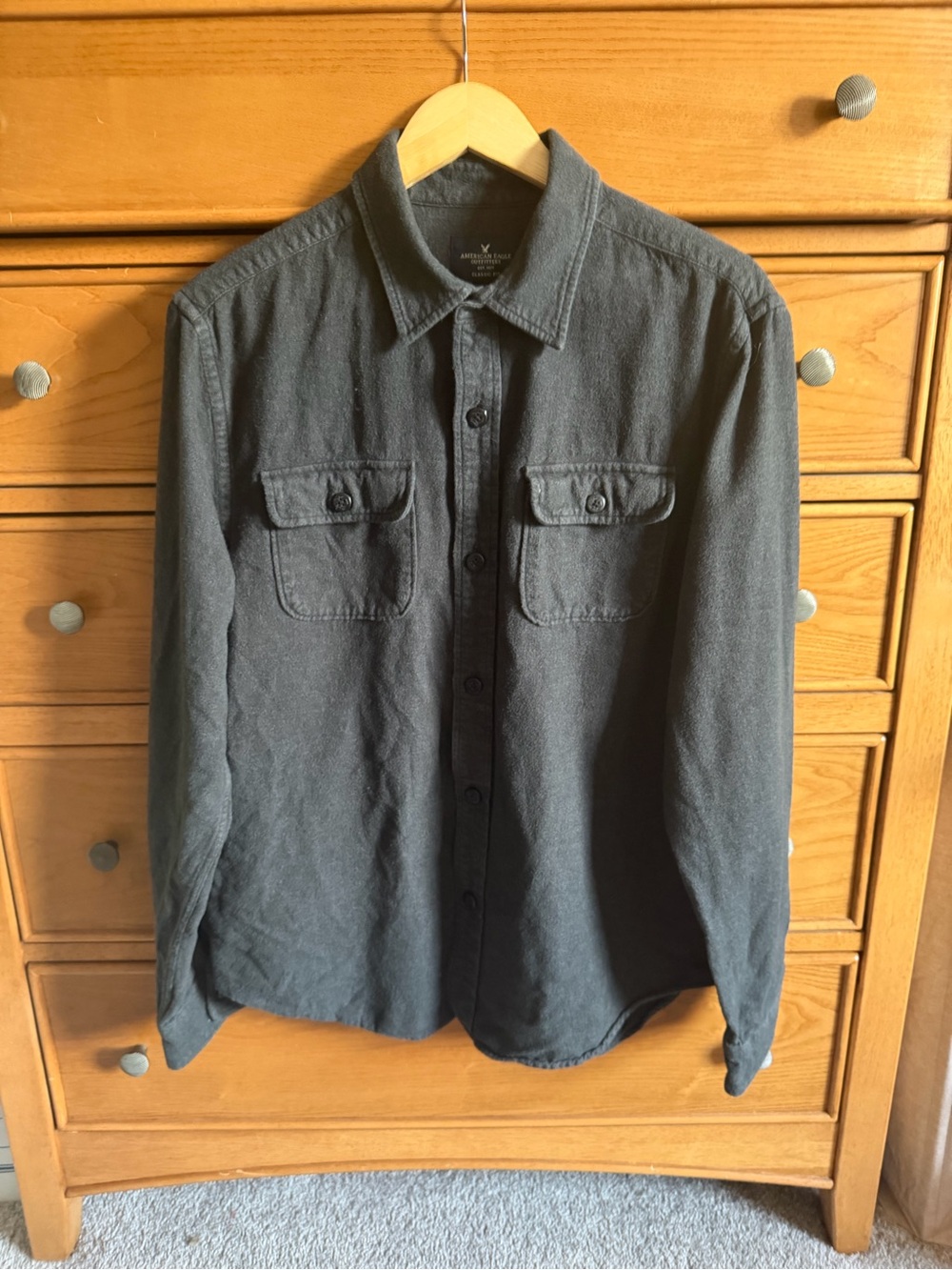 American Eagle Mens Size L Black Fleece Button Down Cotton Fall Winter Outdoor